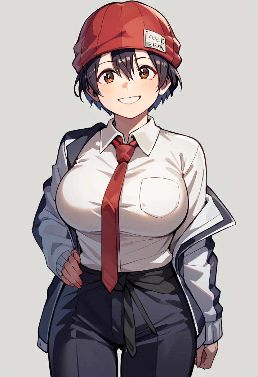 score_9, score_8_up, <lora:fukko:1> fukko, 1girl, brown eyes, fukko, jacket, large breasts, necktie, red headwear, red necktie, short hair, smile, solo