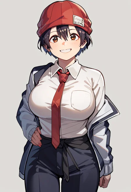 score_9, score_8_up, <lora:fukko:1> fukko, 1girl, brown eyes, fukko, jacket, large breasts, necktie, red headwear, red necktie, short hair, smile, solo
