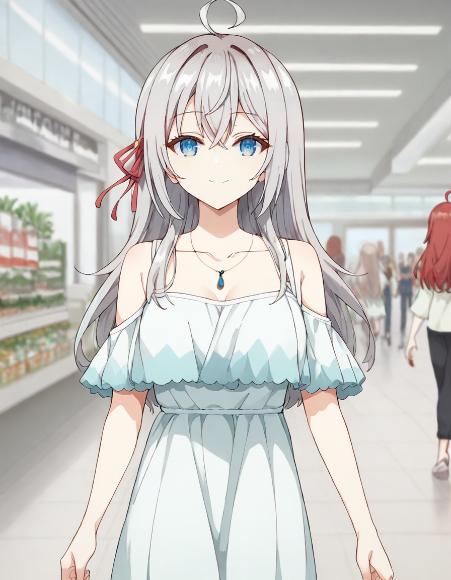 score_9, score_8_up, score_7_up, source_anime,
1girl, blurry background, looking at viewer, walking, cowboy shot, light smile, v pose, indoors, shopping mall, crowd
<lora:alisa_mikhailovna_kujou_anime_v5-soralz:1>, alisa mikhailovna kujou, long hair, silver hair, ahoge, crossed bangs, red hair ribbon, sidelocks, blue eyes,
date outfit, collarbone, off-shoulder dress, white dress, ruffle dress, bare shoulder, necklace, pendant, detached sleeves,