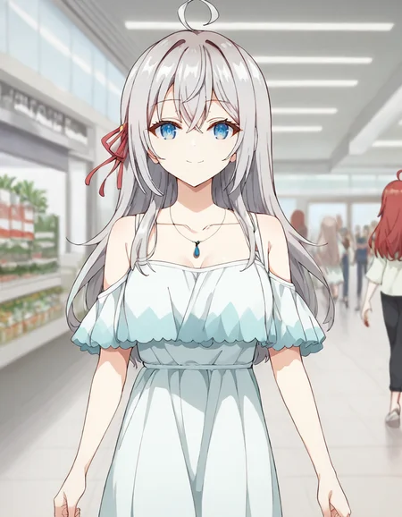 score_9, score_8_up, score_7_up, source_anime,
1girl, blurry background, looking at viewer, walking, cowboy shot, light smile, v pose, indoors, shopping mall, crowd
<lora:alisa_mikhailovna_kujou_anime_v5-soralz:1>, alisa mikhailovna kujou, long hair, silver hair, ahoge, crossed bangs, red hair ribbon, sidelocks, blue eyes,
date outfit, collarbone, off-shoulder dress, white dress, ruffle dress, bare shoulder, necklace, pendant, detached sleeves,