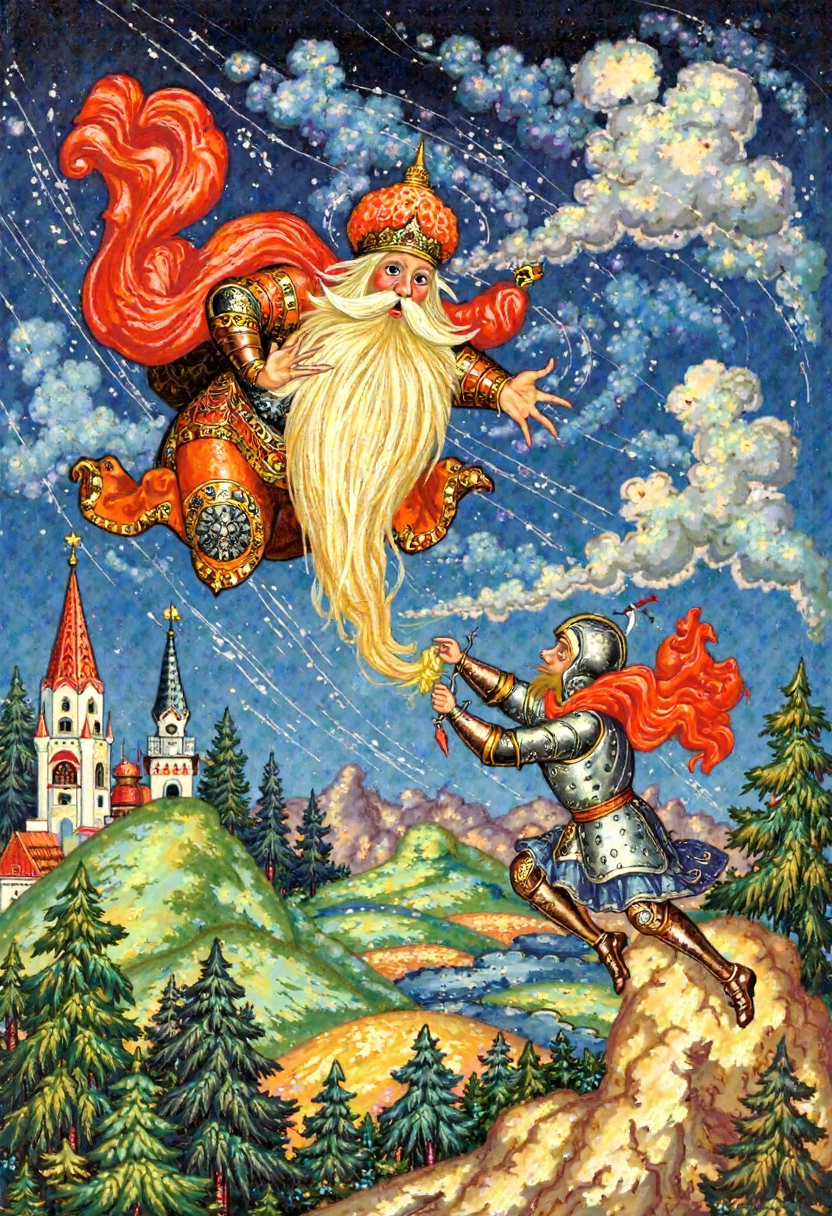 Clip L palech_stylea fantasy scene depicting an ugly, chubby dwarf-sorcerer with a magnificent beard that exceeds six meters in length flying high in the sky. The dwarf is dressed in luxurious silk attire reminiscent of Ottoman sultans, including a turban and pointed shoes. A knight wearing steel armor and a helmet clings to the end of the dwarf's beard for dear life as he struggles to keep up with the fast-moving sorcerer An ugly, chubby dwarf-sorcerer with a magnificent beard that exceeds six meters in length flies high in the sky, dragging the knight along with his beard. The dwarf is dressed in luxurious silk attire reminiscent of Ottoman sultans, including a turban and pointed shoes. In the background, show a whimsical landscape of rolling hills, towering spires, and lush forests, evoking a sense of enchantment and wonder. The sky above should be bright blue with fluffy white clouds. The style should be reminiscent of medieval miniatures or illuminated manuscripts, with intricate details and vibrant colors. Emphasize the dynamic movement of the scene where the knight is chasing the dwarf. by Illustration in the palech styleT5XXLpalech_stylea fantasy scene depicting an ugly, chubby dwarf-sorcerer with a magnificent beard that exceeds six meters in length flying high in the sky. The dwarf is dressed in luxurious silk attire reminiscent of Ottoman sultans, including a turban and pointed shoes. A knight wearing steel armor and a helmet clings to the end of the dwarf's beard for dear life as he struggles to keep up with the fast-moving sorcerer An ugly, chubby dwarf-sorcerer with a magnificent beard that exceeds six meters in length flies high in the sky, dragging the knight along with his beard. The dwarf is dressed in luxurious silk attire reminiscent of Ottoman sultans, including a turban and pointed shoes. In the background, show a whimsical landscape of rolling hills, towering spires, and lush forests, evoking a sense of enchantment and wonder. The sky above should be bright blue with fluffy white clouds. The style should be reminiscent of medieval miniatures or illuminated manuscripts, with intricate details and vibrant colors. Emphasize the dynamic movement of the scene where the knight is chasing the dwarf. by Illustration in the palech style
