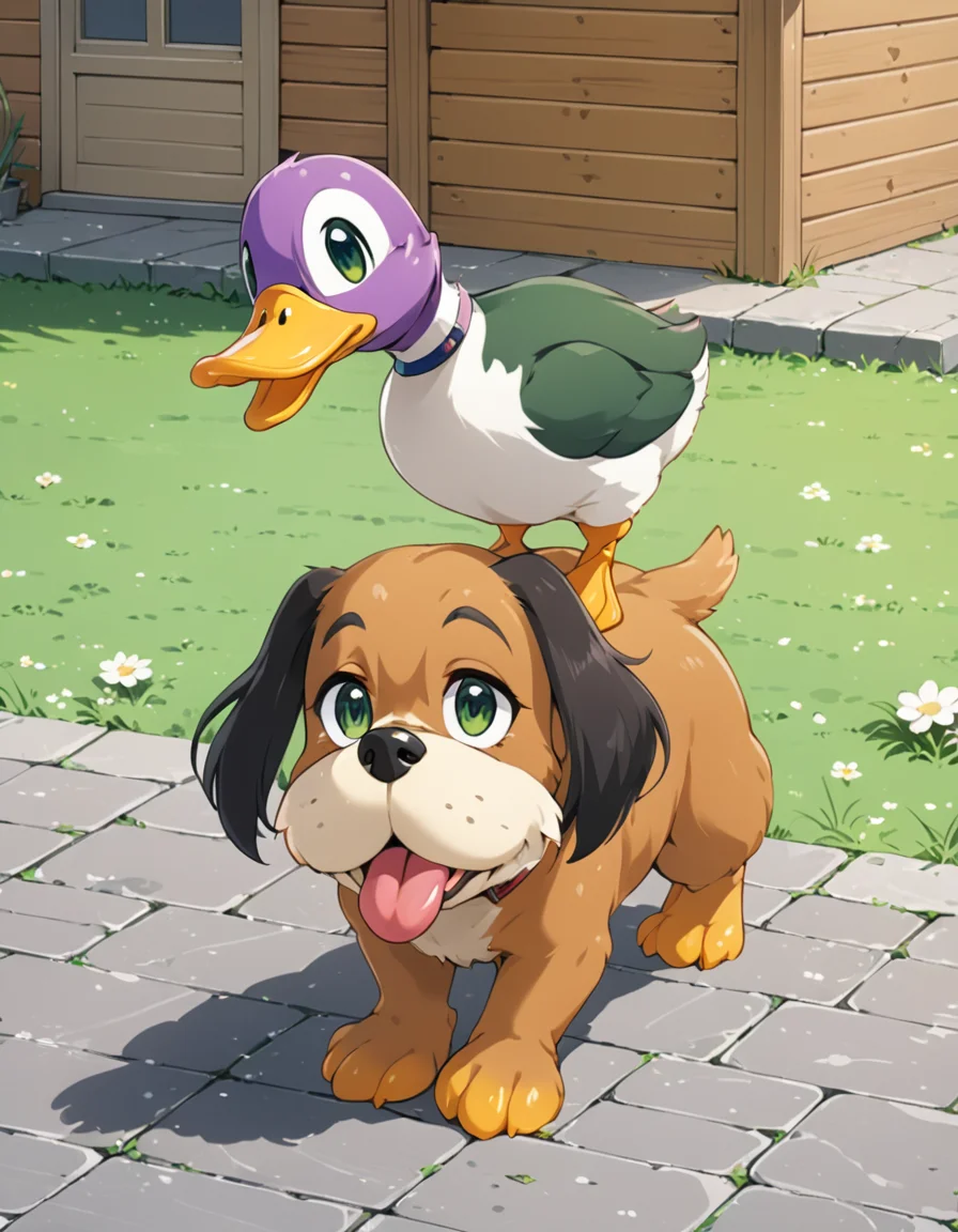 dog with duck on top, cute dog, cute duck, chibi, best quality, high quality, masterpiece, <lora:DuckHuntXL:0.6> duckhuntxl, tongue, animal focus, full body, looking at viewer, outdoors, green mallard duck, big eyes