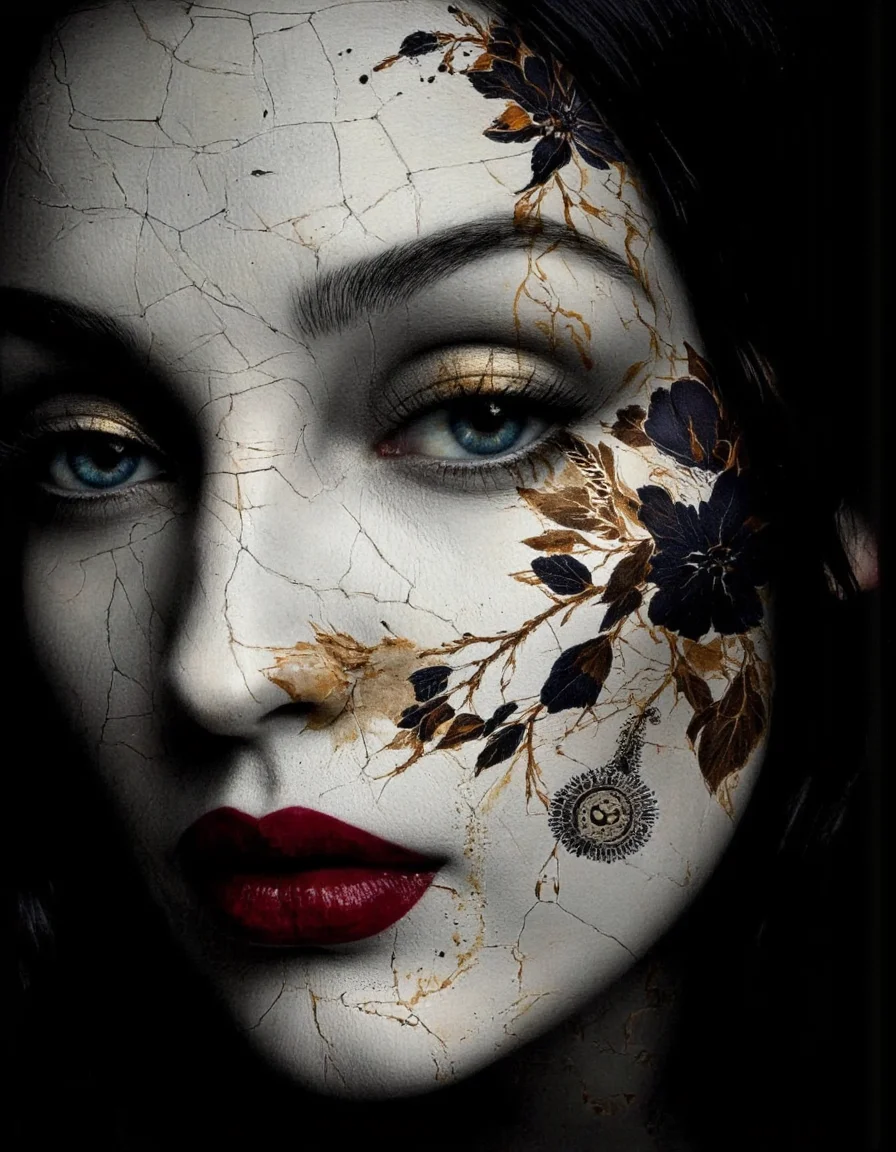 Art by Juan Brufal.
A highly detailed, realistic drawing of a intense, close-up portrait of a woman's face, rendered as if her skin is made of fractured porcelain, meticulously adorned with symmetrical, surreal floral tattoos that blend organic and geometric forms, creating a dreamlike and hyperrealistic aesthetic. Her striking blue eyes, framed by meticulously drawn eyebrows, pierce through the fractured surface and the intricate, floral tattoo design, holding a captivating mix of vulnerability and resilience, reflecting the strange beauty of the surreal world. Her full, slightly parted lips, painted a deep, glossy red, add a touch of warmth and humanity to the fragmented, floral visage.
The surreal floral tattoos themselves are the focal point, composed of stylized flowers, fragmented petals, and geometric patterns that morph and intertwine, creating a mesmerizing and otherworldly visual tapestry across her face. They are rendered in a stark palette of black and gold, with the gold accents highlighting the intricate details and surreal nature of the floral designs. The overall effect is both hauntingly beautiful and deeply unsettling, a testament to the artist's ability to evoke complex emotions through the juxtaposition of fragility, intricate floral designs, surrealism, hyperrealism, black and gold accents, and the human form. The subtle lighting casts soft shadows and highlights that enhance the texture and depth of the fractured porcelain and the surreal floral tattoos, while the dark background allows the viewer's focus to remain solely on the woman's captivating, surreally adorned face.