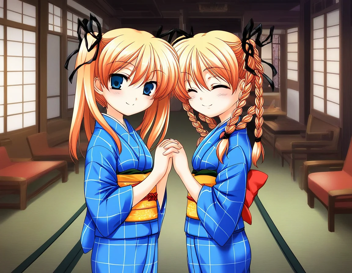 score_9, score_8_up, score_7_up, source_anime, rating_explicit, BREAK <lora:Itsukiï¼Imi_Ver2.0_XL:1>Itsukiï¼Imi, multiple girls, 2girls, japanese clothes, blue kimono, braid, siblings, twin braids, twintails, closed eyes, ribbon, yukata, long sleeves, blue kimono, sash, smile, obi, blush, own hands together
short stack,
looking at viewer,
cowboy_Shot,
room, chair, red carpetm