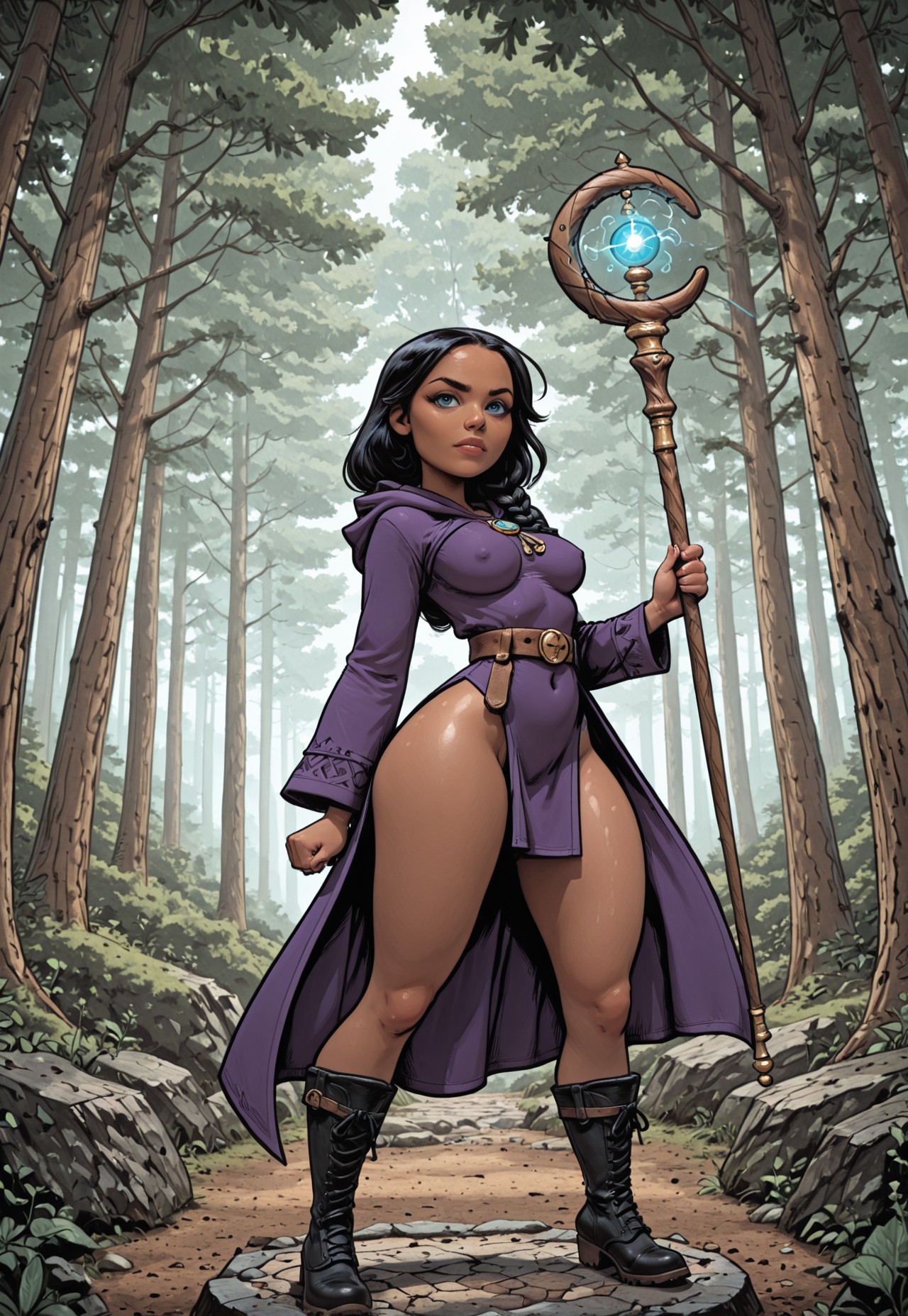 comicbook style,Masterpiece,amazing quality,4k,high resolution,ultra-detailed,newest,best quality,1girl,mage,hood,purple robe,long sleeves,boots,staff,holding staff,covered navel,medium breasts,black hair,side braid,hood down,dark skin,blue eyes,loose belt,thighs,boots,action pose, dynamic pose,casting magic,forest,(daytime:1),(dappled shadows:0.3),dynamic angle,glow,rim light,available light,face focus,looking at viewer,spotblack