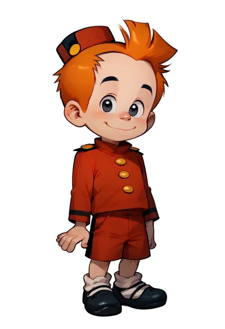 score_9, score_8_up, score_7_up, 1boy, solo, Spirou, solo, 1boy, orange hair, black eyes, red hat, red shirt, shorts, black footwear, CuteCartoonStyle, shy smile,