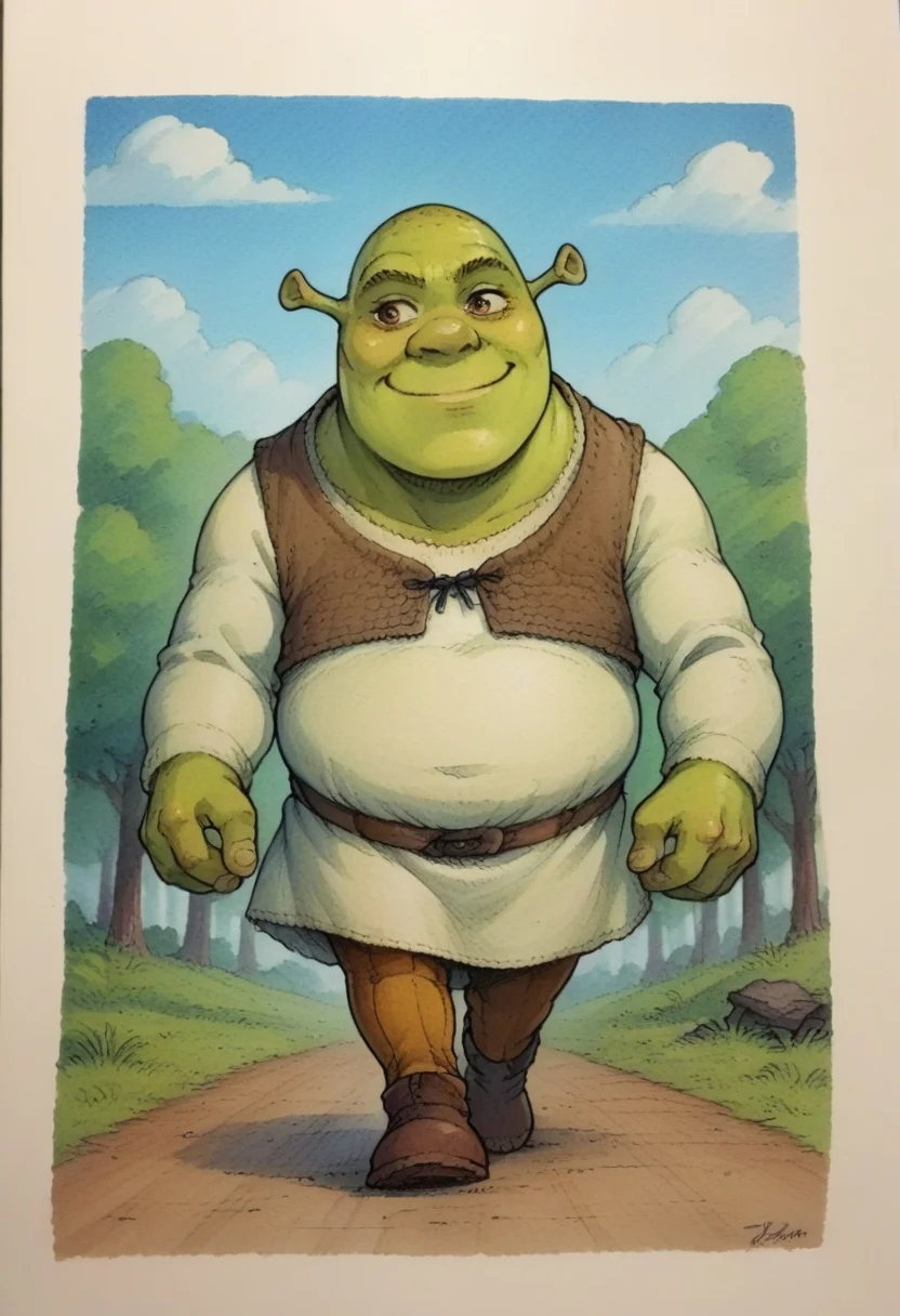 score_9, score_8_up,score_7_up, source_ anime, traditional art, simple background, <lora:Shrek_XLPD:0.8> shrek, green skin, walking, trees, wide smile, full body,
<lora:ER-CON_traditional_art_v4_MD:-4>
