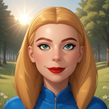 score_9, score_8, BREAK, solo, mii, wii, wii sports, 1girl, female mii, cute, attractive, blonde hair, auburn eyebrows, makeup, blush, blue eyeshadow, red lips, lipstick, dark blue clothing, white pants, shoes, breasts, nintendo mii, modern_mii, classic_mii, Bella_(OC_Mii), green eyes, sexy pose, smile, outdoors, sunlight, shadows, evening lighting, natural lighting, forest, trees, grass, orange sky, sunset