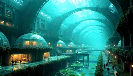 Hyperrealistic depiction of Underwater City, a city built beneath the ocean, with massive glass domes housing buildings and streets. Bioluminescent sea creatures swim outside the domes, casting a soft glow over the city. The streets are filled with people, some of whom have adapted to the underwater environment with gills or other modifications.Expansive fields of algae that emit a soft, greenish-blue glow, creating an eerie yet serene atmosphere. Tall towers made of crystalline structures that refract light into rainbow patterns throughout the city.Streets and walkways illuminated by embedded neon lights, guiding residents through the watery cityscape.Large, transparent fish tanks built into the walls and floors, filled with bioluminescent fish that light up the space.