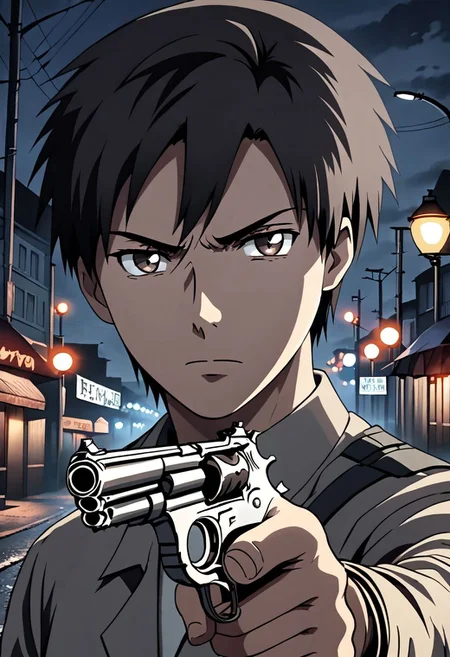 high resolution, solo, best quality, 1Boy, Takaki Toono, Brownish Hair, Brown Eyes, portraits, midnight, dim street lights, mysterious, threatening, gun, aiming the gun to the viewer, OverallDetail