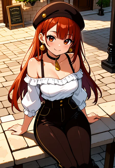 masterpiece, best quality, 1girl, solo, medium breasts, (curvy), narrow waist, wide hips,  smile, looking at viewer, dynamic pose, foreshortening, detailed face,  [French Chic Café], Beret, off-shoulder blouse, high-waisted trousers, gold earrings, Sitting at an outdoor European café, enjoying espresso beneath striped awnings on a cobblestone street.,<lora:ZankuroStyle_NAI:1.0>,