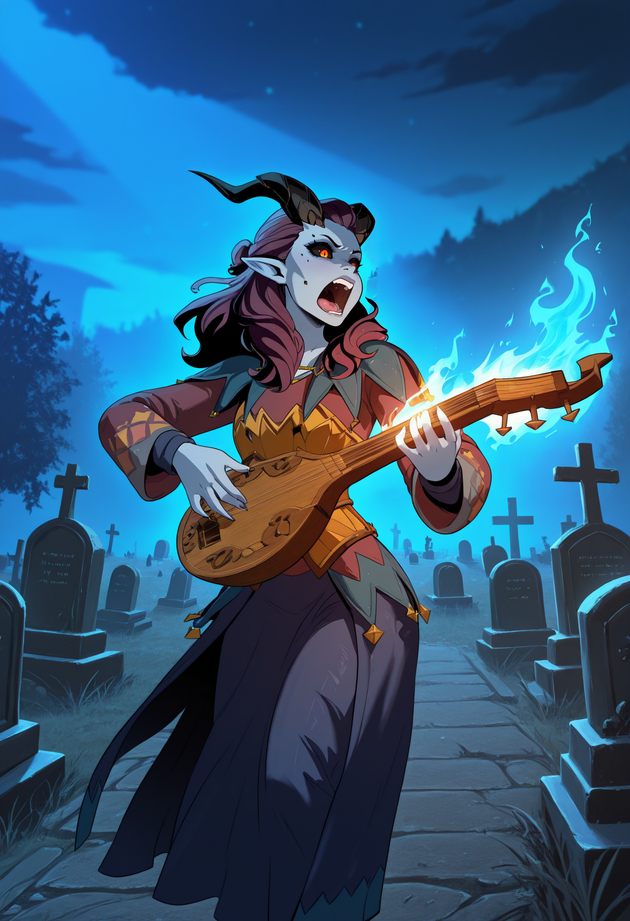 masterpiece, best quality, amazing quality, necrodancerStyle  <lora:necrodancerStyle_illustrious_byJaneB:1>,1girl, solo,
alfira, alfiraOutfit, colored sclera, black sclera,playing, music, gold lute, (epic scene:1.1), flaming fingers, night,power aura , shouting, dynamic shot, lighting, <lora:alfiraIllustriou:0.8>, graveyard,