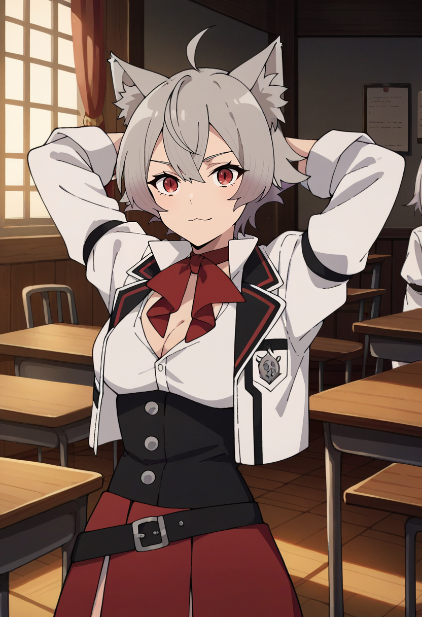 score_4, score_5, score_6, score_9, score_8_up, score_7_up, source_anime,
<lora:MushokuTensei_LiniaXL:0.8>, LiniaMT,
1girl, :3, light smile,
grey hair, short hair, ahoge, red eyes, slit pupils, cat ears,
school uniform, open jacket, cropped jacket, white jacket, white shirt, cleavage cutout, long sleeves, black corset, black belt, red skirt, red neckerchief,
standing, looking at viewer, arms behind head,
indoors, medieval, classroom, chair, table