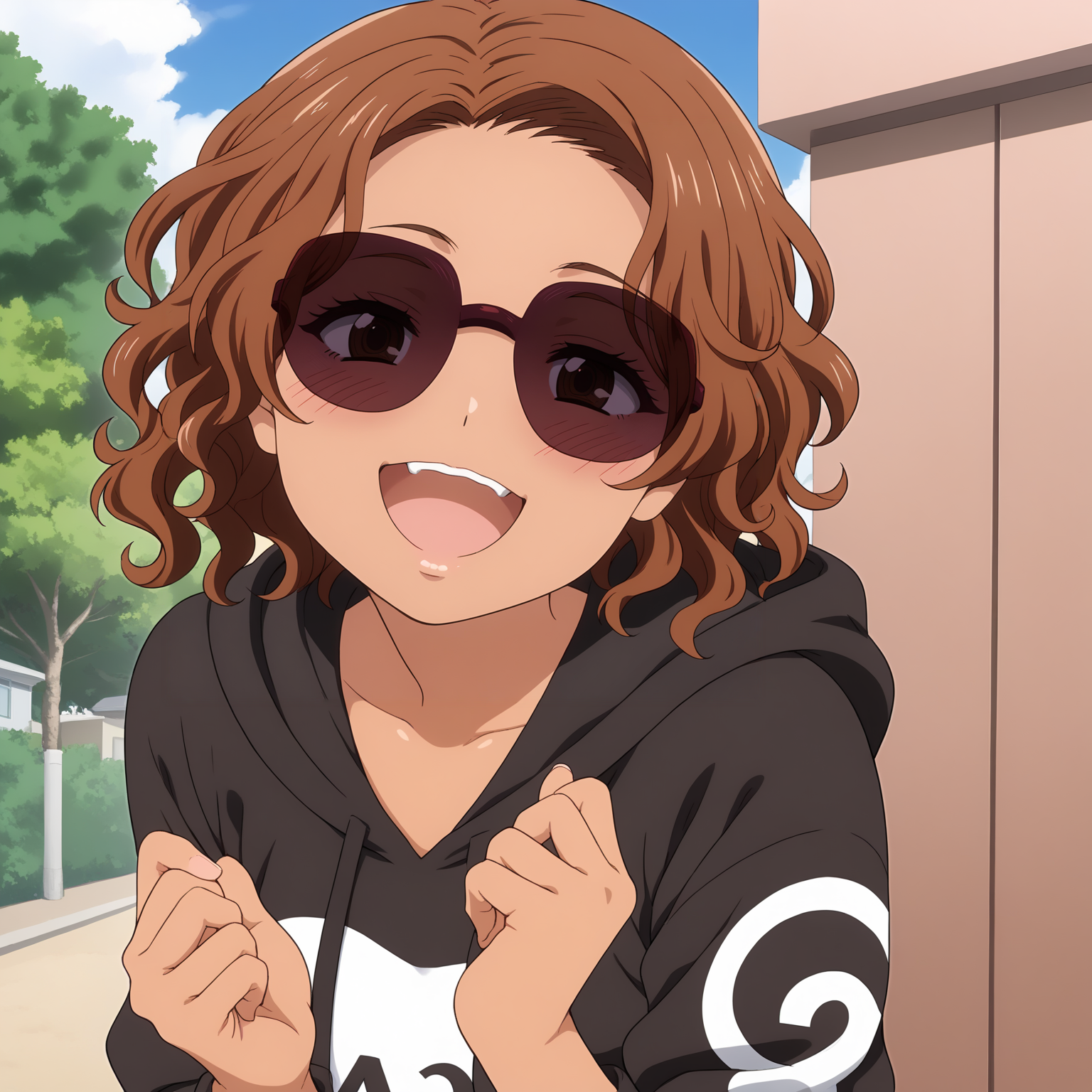<lora:NBnSd_MariaSakaiXLpony001>,
smile,half-closed eyes,blush,open mouth,
solo,
MariaSakai,1girl,brown hair,wavy hair,medium hair,brown eyes,tan,
sunglasses,
hoodie,
black shorts,
outdoors,