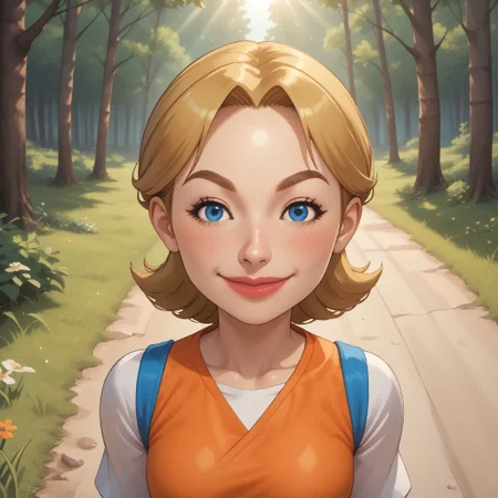 score_9, score_8, BREAK, solo, mii, wii, wii sports, female mii, 1girl, cute, blonde hair, dark blonde eyebrows, white skin, blue eyes, big lips, blush, orange clothing, white pants, sneakers, Julie_(\Wii_Sports\), Nintendo Mii, modern_mii, classic_mii, breasts, sexy pose, self portrait, smile, outdoors, sunlight, shadows, evening lighting, natural lighting, forest, trees, grass, orange sky, sunset