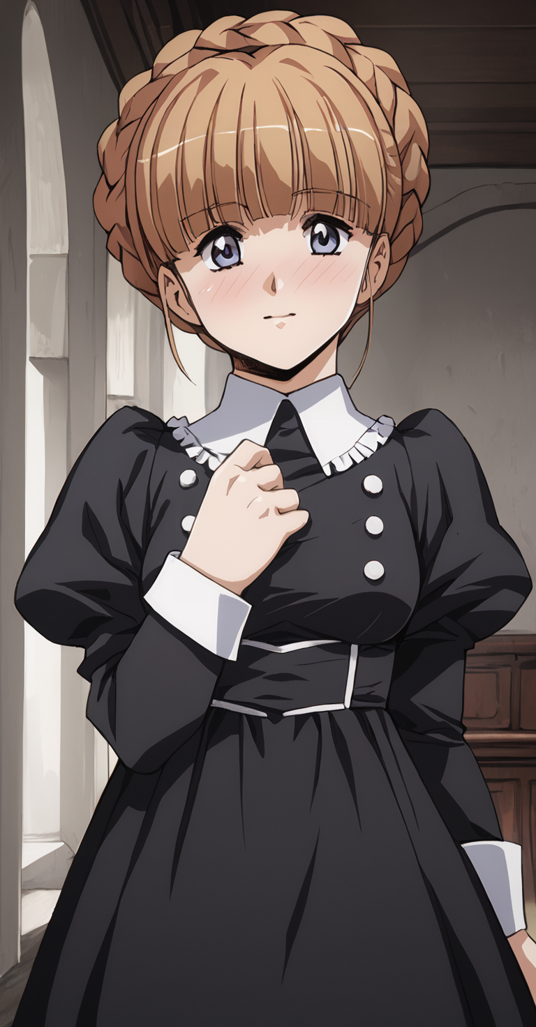 1girl, masterpiece, highres, high quality, medieval, fantasy, 8k, 4k, 
score_9, score_8_up, score_7_up, score_6_up, source_anime,
(mature female), solo, cowboy shot, 
BREAK.
indoors, seductive smile, smile, (blush:1.5),
[covered nipples:0.8], 
BREAK,
BREAK,
 brown hair, purple eyes, blunt bangs, french braid, black dress, puffy sleeves, long sleeves<lora:Urushihara Satoshi_XL_PONY_V2:0.9>,<lora:Aldonoah:0.8>