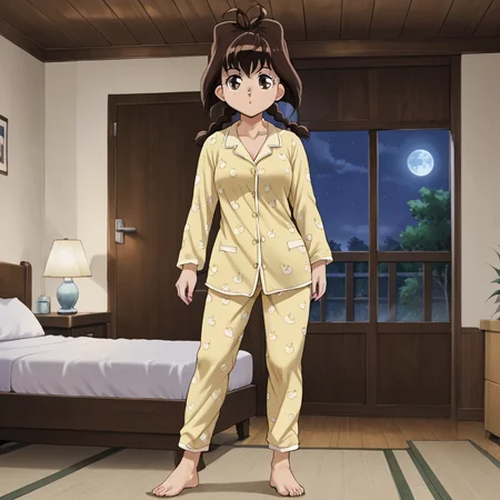 indoors, night, <lora:Jiyuu_Nanohana:1> jiyuu, 1girl, solo, brown hair, twin tails, braids, bangs, brown eyes, <lora:pajamas_pony_V2.0:1> jyojifuku, pajamas, standing, full body, barefoot,