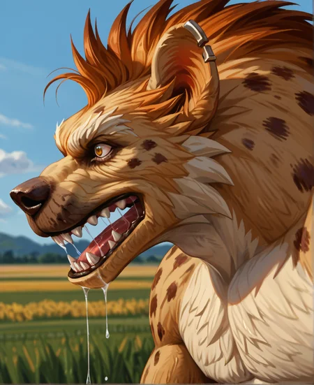 safe_pos, score_9_up,score_8_up,score_7_up,score_6_up,score_5_up,score_4_up, masterpiece, high quality, digital painting, rating_explicit, source_monster, zPDXL3, BREAK,
field background, blurry background, close up, portrait, (three quarter view), side view, open mouth, drool, saliva, saliva strand, spittle,
(gnoll), anthro, dingo, hyena, monster, creature, fur, hair, hunchback, mane, sharp teeth, pointed ears, snout, spotted, muscular
<lora:Gnoll for PonyXL:0.6>