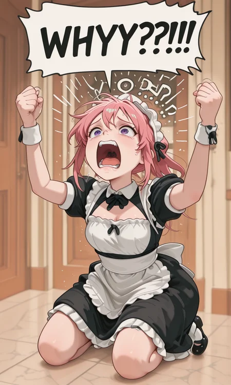 embedding:IllusP0s, g00se, pink hair, purple eyes, maid outfit, WHY?!, speech bubble, screaming, kneeling,<lora:why_illustrious.safetensors:1.0:1.0> <lora:g00se_v2_ill.safetensors:0.9:0.9> <lora:CivChan.safetensors:0.8:0.8>