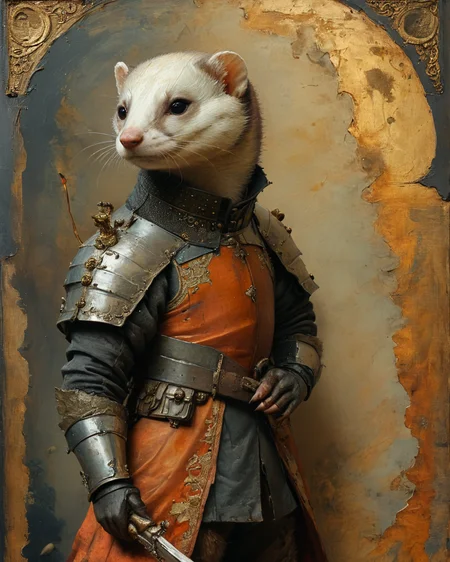 armored and armed anthropomorphic ferret, <lora:add-detail-xl:0.75>, <lora:xl_more_art-full_v1:0.5>, <lora:XSfenlie:1> fenliexl,  <lora:NicolaSamori:0.9> in the style of Nicola Samori,  <lora:Maxfield Parrish Style:1> Maxfield Parrish Style page