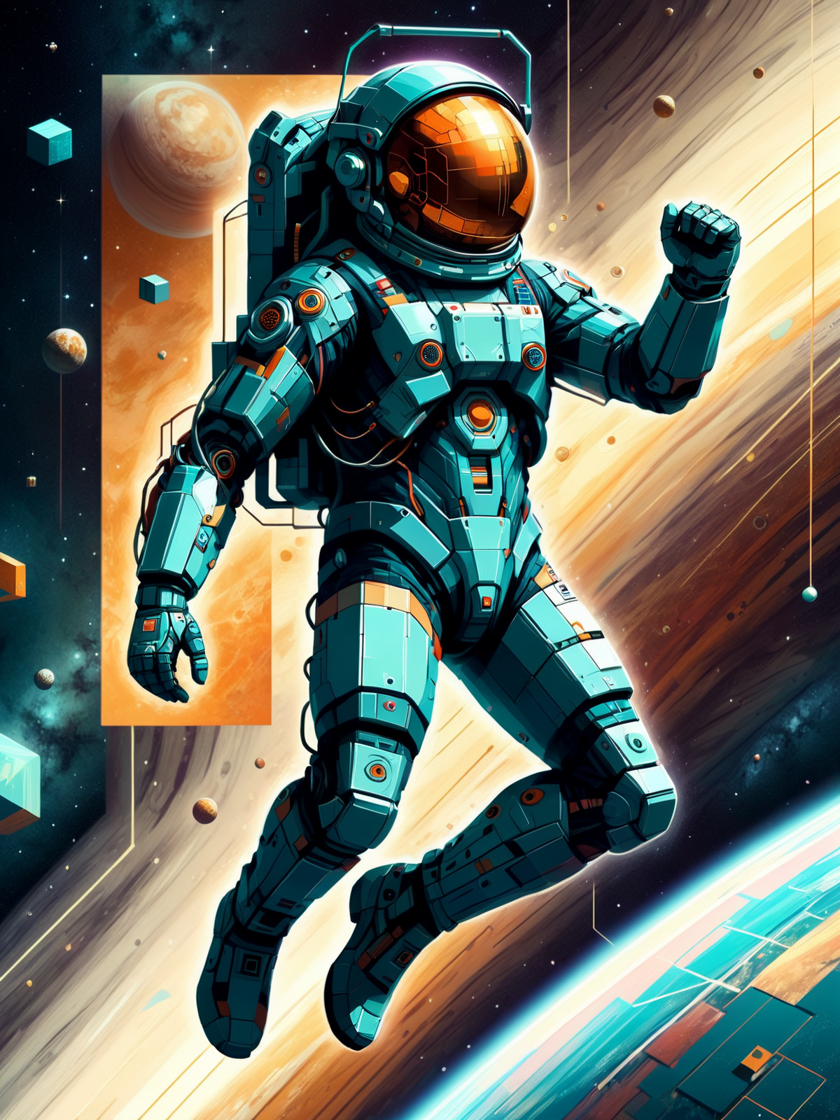 mad-cbpk-cubism astronaut floating in space, scifi, dynamic pose, squares and lines in the background, <lora:Neon_Cyberpunk_Cubism_SDXL:1>, (masterpiece:1.2), best quality, (hyperdetailed, highest detailed:1.2), high resolution textures