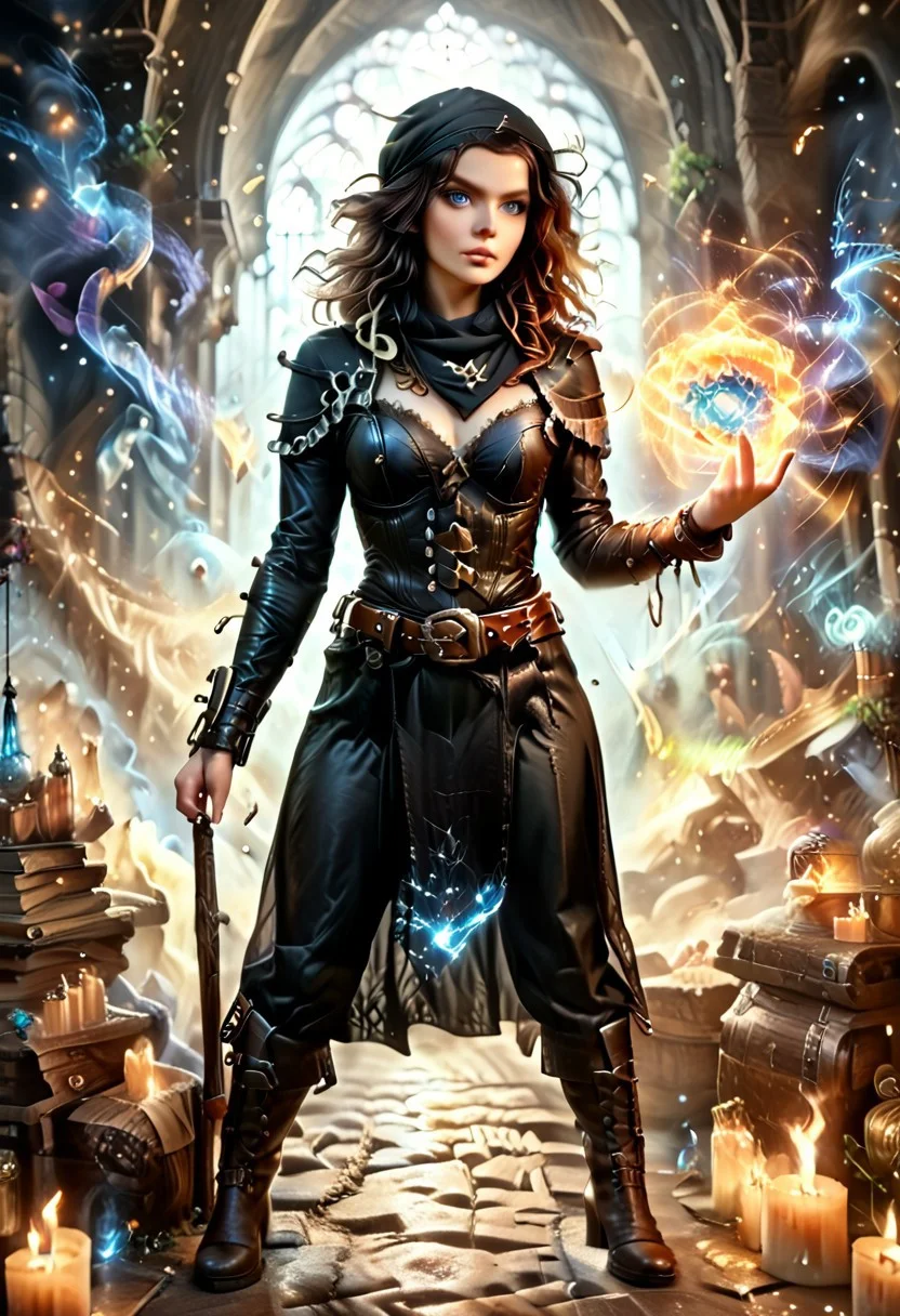 score_9, score_8_up, score_7_up, score_6_up, score_5_up, score_4_up, (1girl), detailed, healthy, athletic, beautiful, female, pale skin, bright blue eyes, covered from neck to toe, wizard, ((black bandana covering hair), black shoulder length hair), (belt, black bodysuit, black femloin, black loincloth, black buckled boots, black leather bodysuit with white embroidered runes, corset), magical staff, (Baby raven perched on her shoulder)