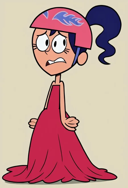 ponytail, blue hair, helmet, parody, pink, dress, red, sleeveless back gown, hoopdress, Ba11g0wn, full body, poofy dress
