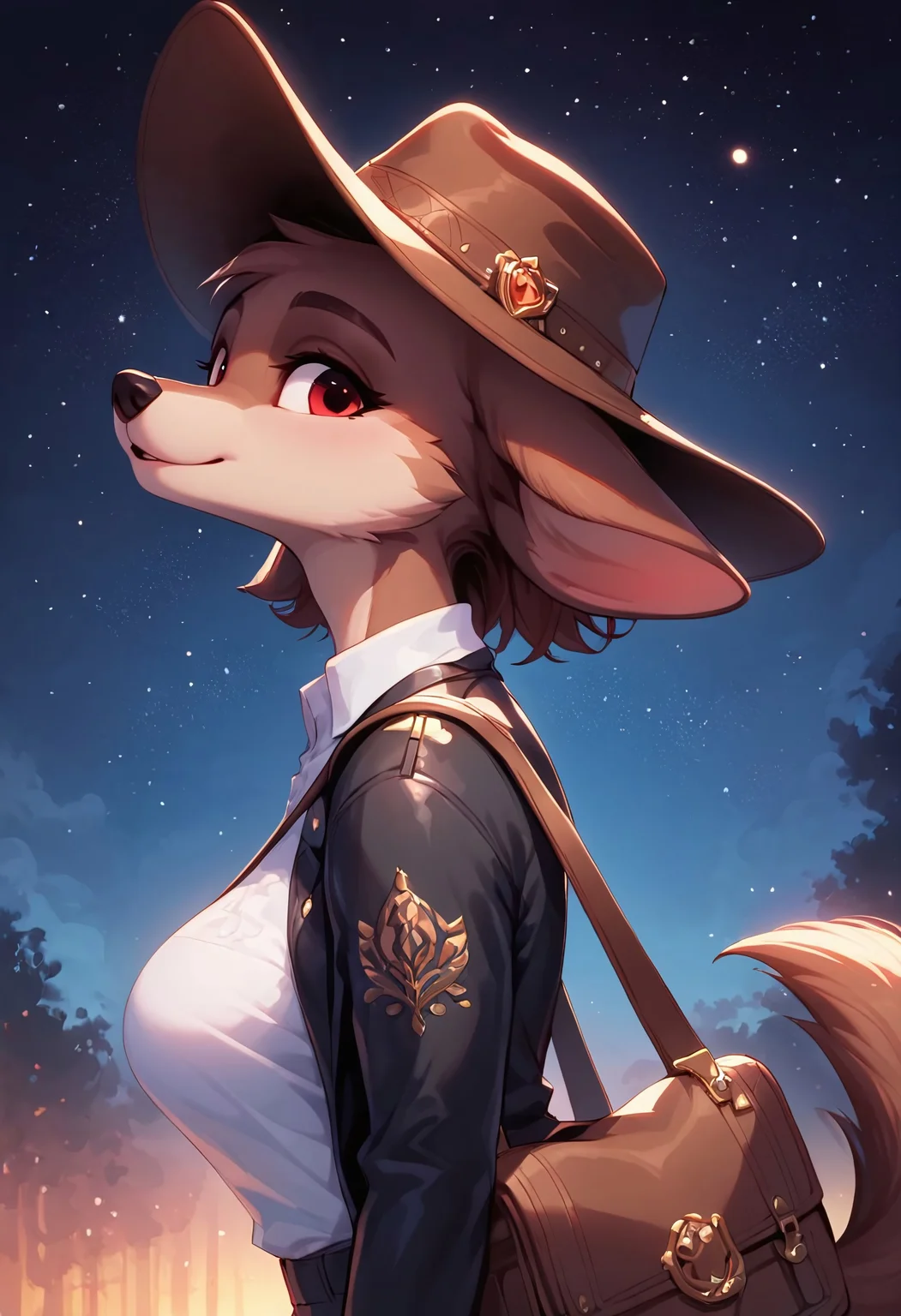 safe_pos, masterpiece, score_9_up, score_8_up, score_7_up, score_6_up, (best quality:1.1), ultra-detailed, high resolution, highly detailed macro illustration, 1girl, Komxl, anthro, canine, animal ears, animal nose, red eyes, brown fur, skindentation, (cute expression, cute face:1.1), black jacket, white shirt, shoulder bag, cowboy hat BREAK upper body, (close up), outdoors, (side view:1.5), starry sky, night, look at viewer, (open mouth:0.5) BREAK sharp focus, perfect lighting, anatomically correct, extremely detailed, tranquil setting, high detail, serene, Expressiveh, detailed background, OverallDetail, zPDXL3, p3tl0v3
