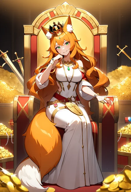 masterpiece, best quality, absurdres, detailed background, safe,medium breasts,dress, queen, mature female, fox girl, fox ears, fox tail, sitting on throne, hand on own cheek, head tilt, smirk, orange hair,green eyes,very long hair, wavy hair throne room, treasure-room,treasure, treasure chest full of gold, stairs,jewelry, gold coin, gemstone, treasure chest <lora:treasure room (animagine) v1:0.8>, jewelry, pearl, necklace, ring, crown, banner, sword, shield