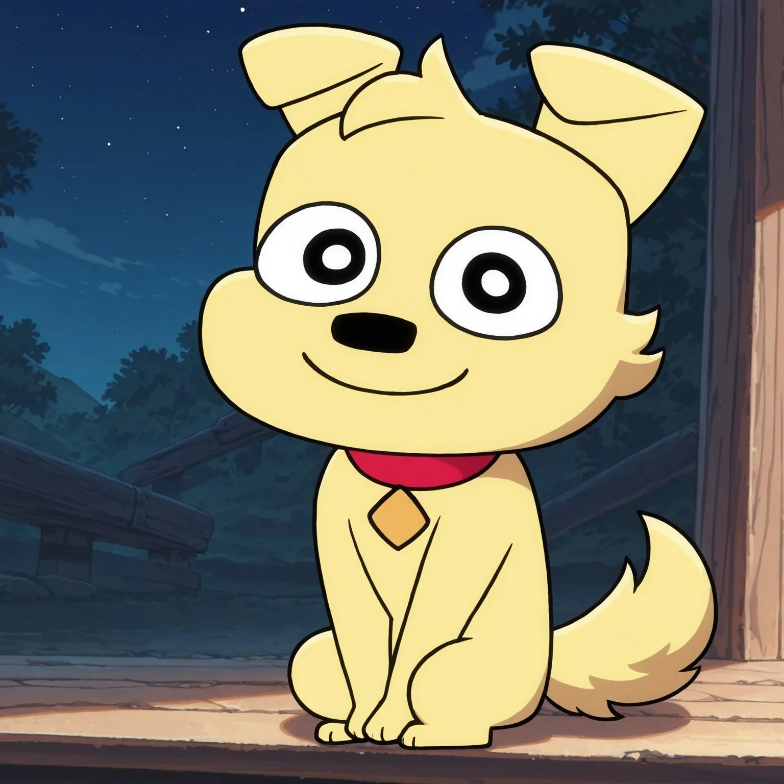1boy, 2d, solo, Benny, male, anthro, dog, red collar, black eyes, black nose, yellow fur, face tuft, tail, 

BREAK sitting, hands in front, looking at viewer, smiling, happy, abstract background 

BREAK best quality, amazing quality, very aesthetic, absurdres, newest, masterpiece, high quality, highres
