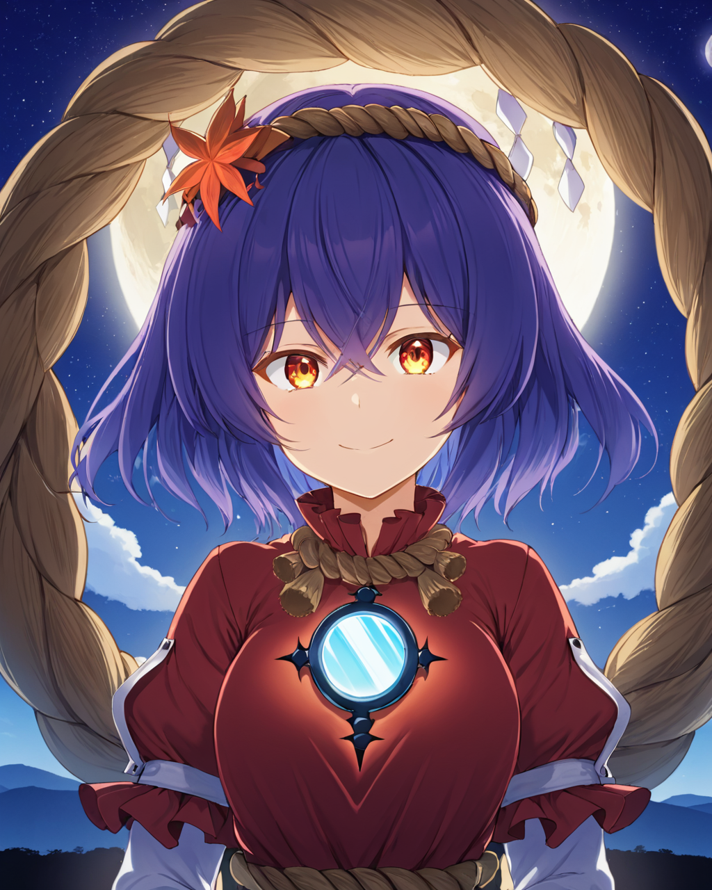 yasaka kanako,1girl, solo, shimenawa, mirror, hair_ornament, full_moon, smile, night, looking_at_viewer, dress
<lora:yasaka_kanako_image2545_2023-12-20-000010:1>,star-shaped_pupils,symbol-shaped_pupils,. gorgeous,key visual, vibrant, studio anime,award-winning, professional, highly detailed,high budget, cinemascope