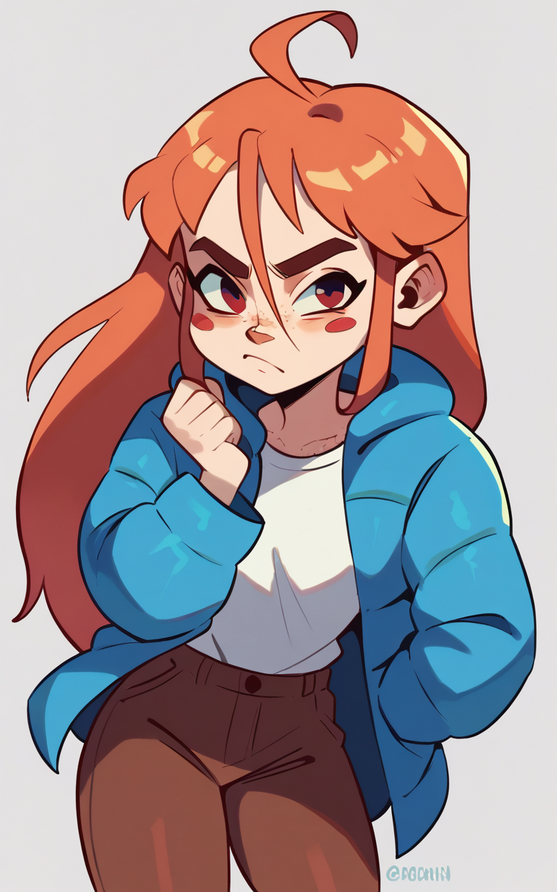 <lora:madelinexlv0.9:1> score_9, score_8_up, 1girl, madeline, orange hair, long hair, ahoge, red eyes, freckles, blush stickers, thick eyebrows, blue coat, brown pants