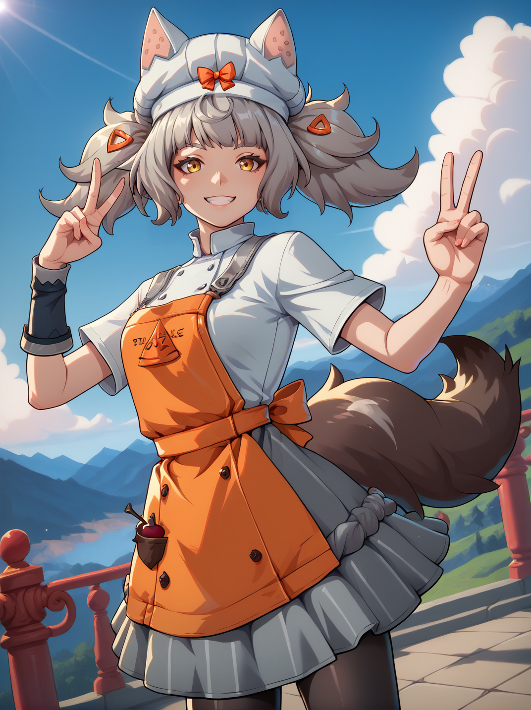 score_9, score_8_up, score_7_up,, 
1girl, smile, dutch angle, naughty pose, looking at viewer, (v:1.1), mountains, solo, dynamic pose, cowboy shot, head tilt, sexually suggestive, blue sky, outdoors, from side,
 <lora:AMargherita_character:0.7>, MargheritaXL,, grey hair,  yellow eyes, twintails, hair ornament, hat, single glove, white shirt, orange apron, pantyhose, grey skirt, animal ears, tail,  <lora:2XKO_style-10:0.8> 2XKO,,