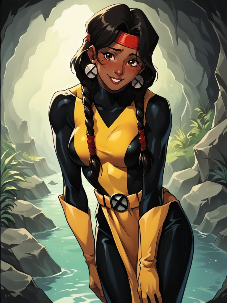 score_9, score_8_up, score_7_up, 1girl, rocks, cavern, water, vegetation, nervous smile, leaning forward, looking at viewer, smile, blush, cowboy shot, (dynamic pose:1.1), dynamic angle,
 <lora:DaniMoonstar_character:0.85>, DaniMoonstar, black hair, dark skin, brown eyes, makeup, twin braids, native american, black shoulders, black legwear, yellow gloves, (jewelry belt:1.1), earrings, red headband, leotard, bodysuit, jewelry, loincloth, dreadlocks, retro artstyle,