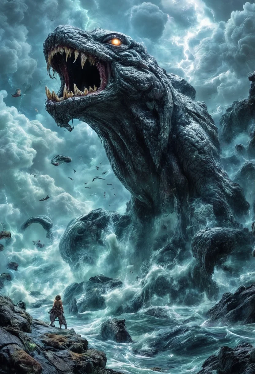 The Leviathan, a colossal sea creature of divine terror and majesty, rises from the abyss, its scaly, armored body glistening under a storm-ridden sky. Towering waves crash against its massive form as its serpentine body coils and twists, partially submerged in the churning ocean. Its gargantuan jaws, lined with jagged, glistening fangs, part to release an ear-shattering roar that shakes the heavens.
Lightning illuminates the creature’s burning eyes, glowing with an unnatural, almost celestial fire. Its ridged back, covered in impenetrable plates, pierces through the water like jagged mountains, while its long, barbed tail lashes with the force of a tidal wave, scattering ships like driftwood.
The surrounding sea is in chaos—wreckage of vessels old and new float aimlessly, remnants of past encounters with the unkillable beast. In the distance, horrified sailors cling to their shattered ships, whispering prayers as the living nightmare moves with deliberate, unstoppable force.
A being of both divine wrath and enigmatic purpose, the Leviathan is no mere monster—it is a harbinger, a force beyond human understanding, its existence woven into the fabric of creation itself.
Ultra-detailed, cinematic lighting, biblical mythological horror, epic oceanic destruction, dark and moody composition, monsterlora, mythology, dark fantasy