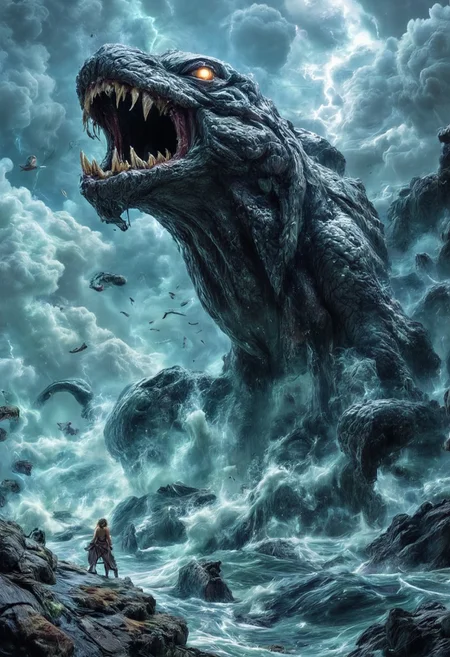 The Leviathan, a colossal sea creature of divine terror and majesty, rises from the abyss, its scaly, armored body glistening under a storm-ridden sky. Towering waves crash against its massive form as its serpentine body coils and twists, partially submerged in the churning ocean. Its gargantuan jaws, lined with jagged, glistening fangs, part to release an ear-shattering roar that shakes the heavens.
Lightning illuminates the creature’s burning eyes, glowing with an unnatural, almost celestial fire. Its ridged back, covered in impenetrable plates, pierces through the water like jagged mountains, while its long, barbed tail lashes with the force of a tidal wave, scattering ships like driftwood.
The surrounding sea is in chaos—wreckage of vessels old and new float aimlessly, remnants of past encounters with the unkillable beast. In the distance, horrified sailors cling to their shattered ships, whispering prayers as the living nightmare moves with deliberate, unstoppable force.
A being of both divine wrath and enigmatic purpose, the Leviathan is no mere monster—it is a harbinger, a force beyond human understanding, its existence woven into the fabric of creation itself.
Ultra-detailed, cinematic lighting, biblical mythological horror, epic oceanic destruction, dark and moody composition, monsterlora, mythology, dark fantasy