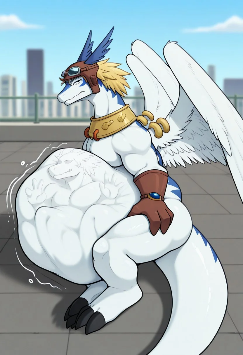 v_body_imprint, sh1ron,legendz, wings, anthro, feathers, male, goggles, feathered wings, handwear, dragon, scalie, tail, jewelry, gloves, handwear, looking at viewer, human, human body outline, lying, side view, rooftop, depth of field, detailed background, masterpiece, best quality, high quality, absurdres, highres, incredibly absurdres, newest, amazing quality