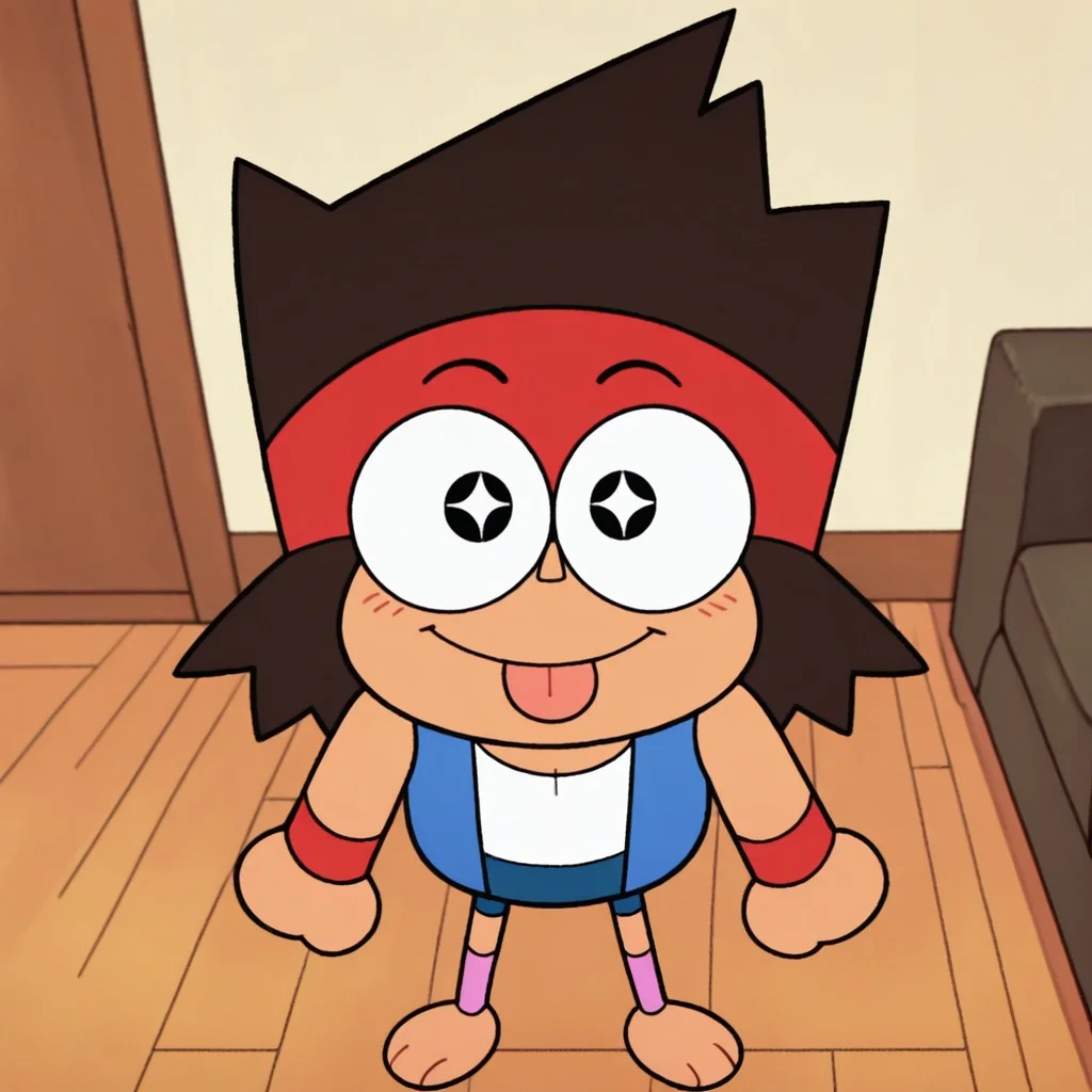 masterpiece, best quality, amazing quality, kaiok, male, human, young, solo, tan skin, brown hair, black eyes, barefoot, short, red headband, red wristbands, blue sleeveless jacket, white tank top, blue shorts, pink legwarmers, cute smile, sparkling eyes, tongue out, looking at viewer, indoors, living room