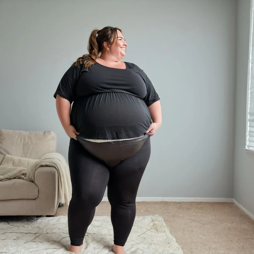 Cinematic still film photography of Ultra obese preggo looking over shoulder and smiling. diaper under black leggings (shape of diaper visible under leggings), sexy bbw
grainy, high contrasts look, shot on Sony A7 iv with lens 35mm—vignette effect, matt finish. Backside view, wide angle, full body pose