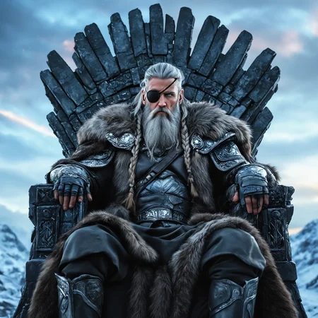 breathtaking detailed, masterpiece, absurdres, awe-inspiring, best quality, vibrant colors, nbn-odin, male focus, 1boy, solo, sitting, beard, eye patch, facial hair, throne, gloves, fur trim, grey hair, grey beard, odin, man, fur armor, braided hair, full body<lora:sdxl_NBN-Odin.safetensors:0.8:0.8>
