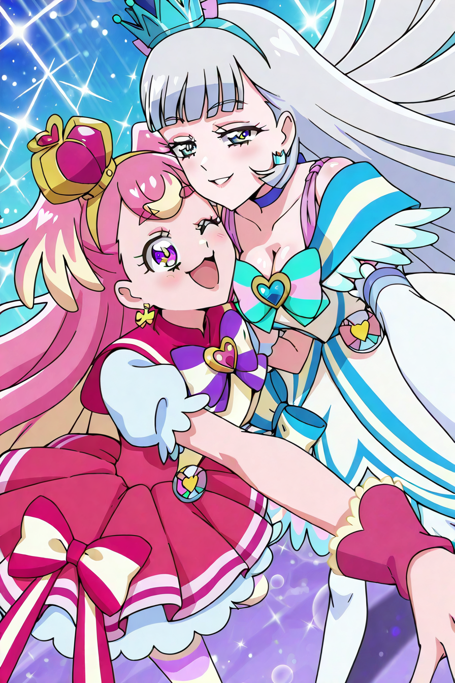 shiny skin, posing,
<lora:wonpri.il:1>,
wonpri,
2girls, (large breasts:1.5),
curewonderful, curenyammy, 
yuri, cat pose, happy, smile, 
dynamic angle, dynamic pose, seductive smile, suggestive pose, 
one eye closed, open mouth, 
glitter, sparkle, particles, light blush, cleavage,