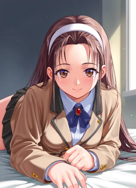 score_9, score_8_up, score_7_up, masterpiece, best quality, absurdres, official art, official style, anime screencap, megami magazine, zPDXL2, zPDXLxxx, <lora:Itsuki Haruka (Escalation -Hard Core-) Pony v1_epoch_10:0.7>, 1girl, solo focus, itsuki_haruka, large breasts, BREAK, tareme, brown eyes, BREAK, black hair, brown hair, long hair, bangs, sidelocks, forehead, BREAK, white hairband, hairband, BREAK, school uniform, blazer, brown jacket, long sleeves, buttons, BREAK, white shirt, BREAK, miniskirt, pleated skirt, black skirt, BREAK, white legwear, BREAK, loafers, BREAK, <lora:neg4all_bdsqlsz_xl_V91:1.0> <lora:ALTXL_pony_0061_8:2.0>, <lora:detailed_hands-000002:1>, hand cowboy shot, looking at viewer, smile, (open mouth:0.5), bedroom, sitting_on_bed, morning, dim lighting, light particles, (on stomach:1.2), (pov:1.2)