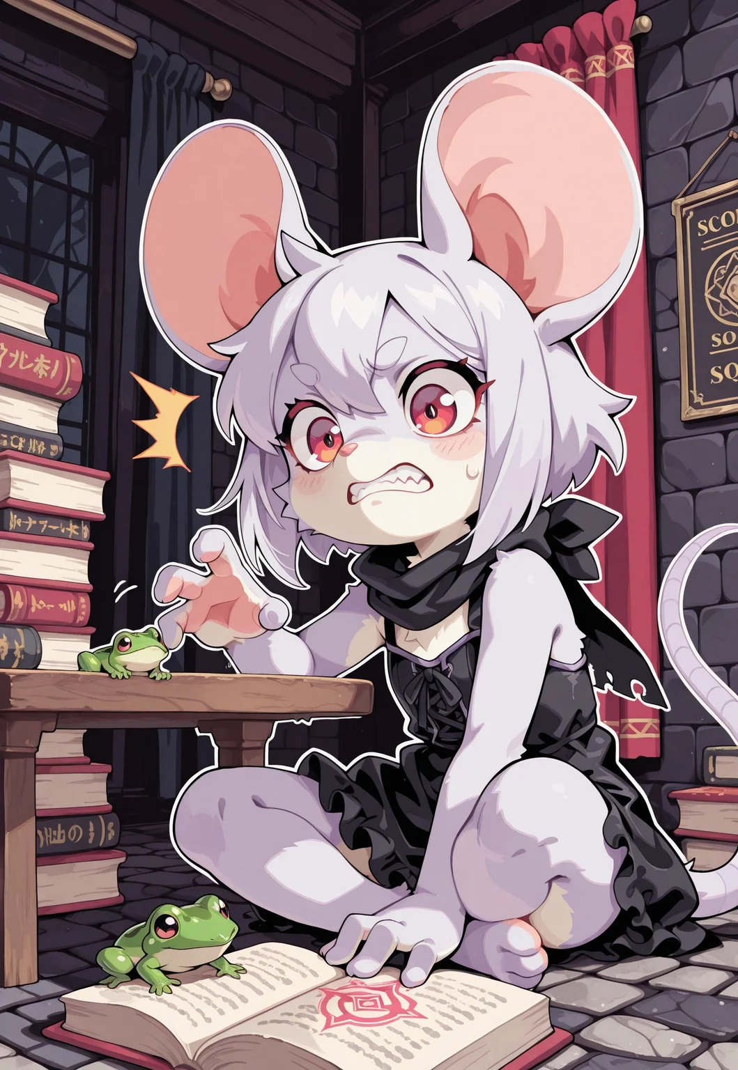 S4bit4mago_illu, anime style, s0wasow4rt_illu, halftone, detailed background, _Style, Cartoon_Type, score_9, score_8_up, score_7_up, masterpiece, best quality, high quality, newest, highres, absurdres, <lora:sowasowart_style-000016:1>,masterpiece, best quality, amazing quality, detailed background, concept art, realistic, dark theme, low light, solo, perfect fingers, bust shot, portrait, short hair, (close up), anthro mouse girl, furry, tiny, mouse tail, cute, red eyes, surprised look, black scarf, interacting with frog, dynamic pose, sitting, holding frog, table, magicians store, magic spell, ((magical shop background)), black gothic dress, light purple fur, bottomless, picking up frog, disgusted, clenched teeth, for sale sign, cobblestone wall, windows, stacks of books on the floor, eyebrow raised, curtains, dynamic pose, masterpiece ,amazing quality, intricate details, flowing hair, (thin white outline),