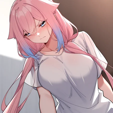 masterpiece,best quality,newest,absurdres,highres,<lora:noobai_ep11_stabilizer_v0.138_fp16:0.8>,long hair,long hair,breasts,very long hair,<lora:Wu YaoYao:1>,wu_yaoyao,pink hair,low twintails,Tsundere,