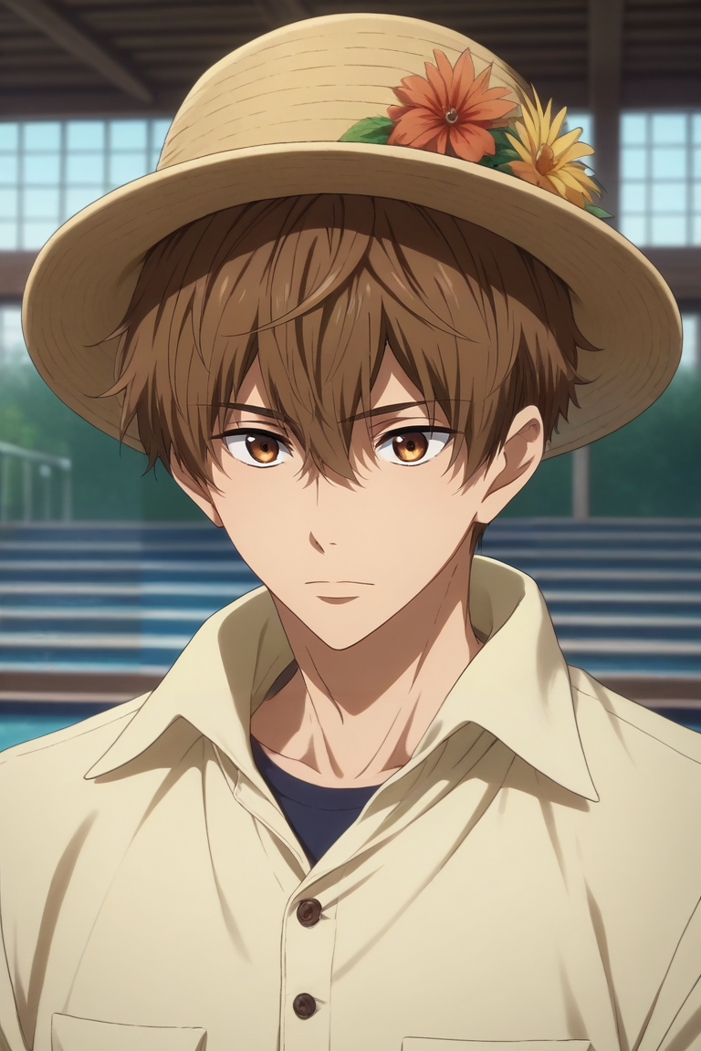 score_9, score_8_up, score_7_up, source_anime, rating_safe, intricate details, semi-realistic, , , depth of field, 1boy, solo, male focus, <lora:natsuya_kirishima_pony:0.76>, natsuya_kirishima, brown hair, brown eyes, short hair, hair between eyes, bangs, , panama hat, conservatory, , <lora:sdxl_lightning_8step_lora:1>