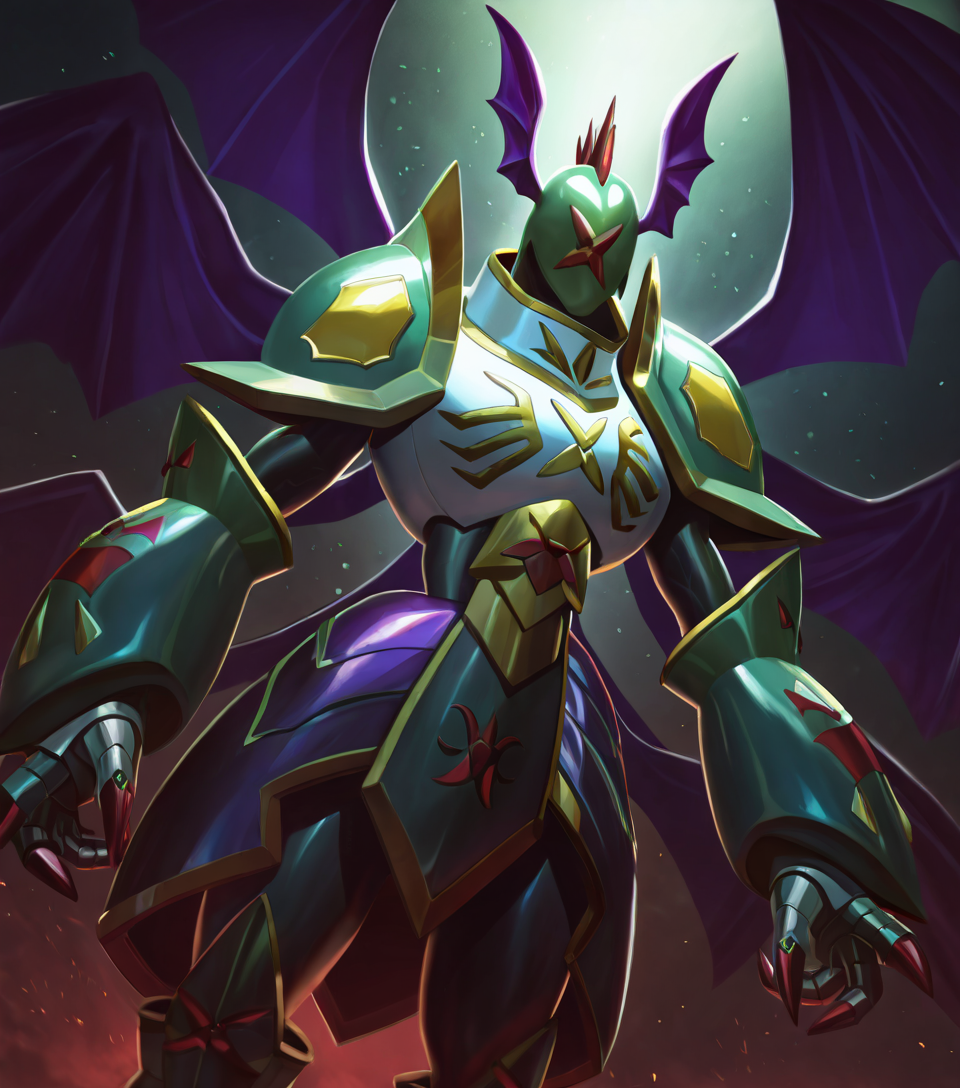 masterpiece, best quality, newest, absurdres, highres, furry, perfect anatomy, score_9, score_8_up, score_7_up, 
8K, In'ei, chiaroscuro, volumetric lighting, 
<lora:Shadowseraphimon_(Digimon)_(Illustrious)_(AD):1> Shadowseraphimon, Digimon, faceless, 
 purple bat wings, red feathered plumed helmet, purple bat winged helmet, green helmet, large pauldrons, white armor with green and yellow and red details, 
soft detailed anime background, detailed soft anime clouds, noon, dark evil nature, scenery, 
5 pairs of wings, solo, dutch angle, deep metallic colors, eyeless, noface, hyper glossy polished metal armor, in the style of the video game Digimon New Century, cowboy shot, 
EZRealPONYXL, zPDXL, zPDXLxxx, Smooth Quality,