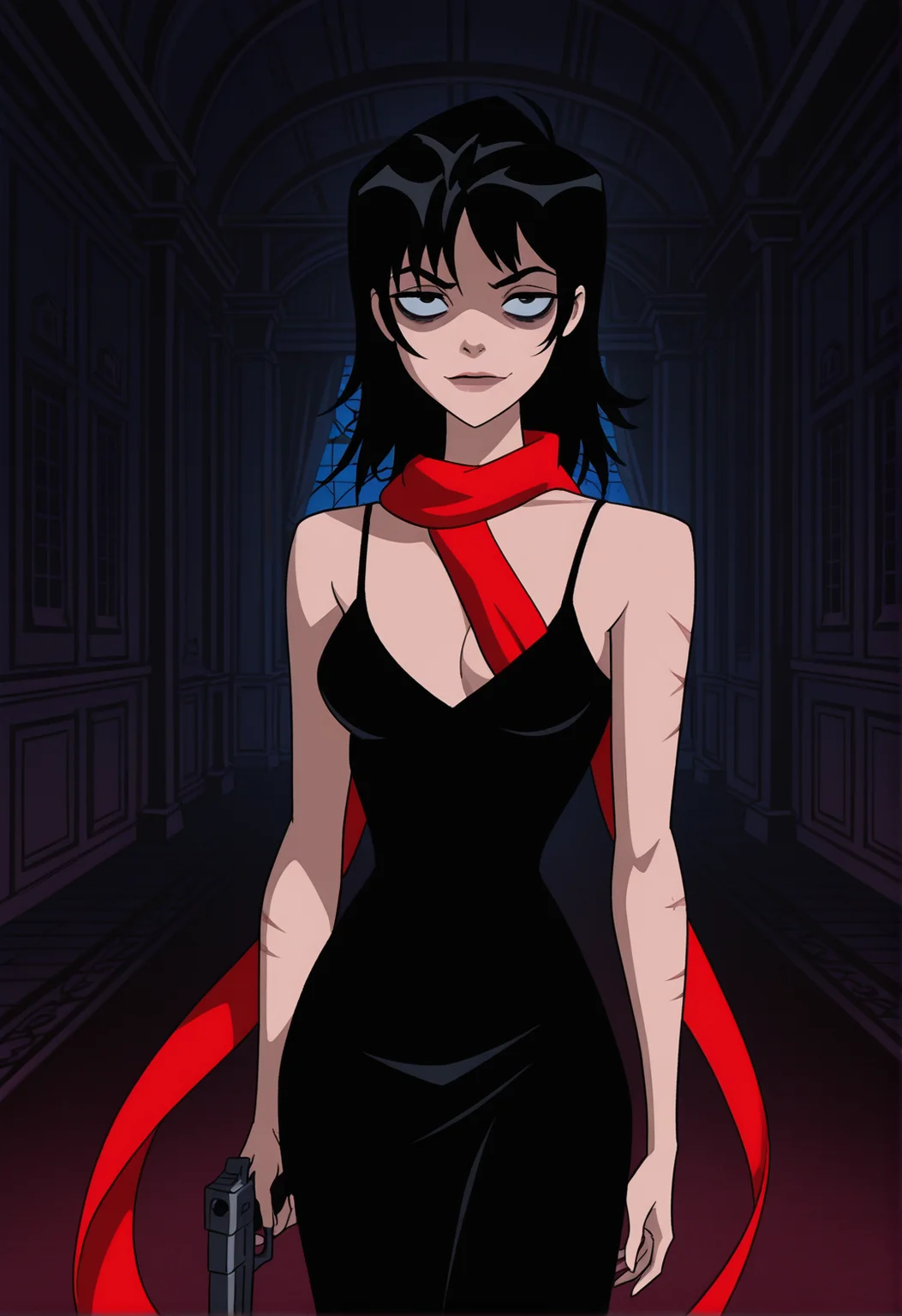 masterpiece, best quality, dcaustyle, 1girl, solo, big eyes, bags under eyes, black hair, mullet, choppy bangs, scar on arm, black dress, spaghetti straps, skinny, cleavage, red scarf, floating scarf, holding handgun, mansion interior, evil, shadow, night, dark, cowboy shot