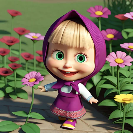 score_9, score_8_up, score_7_up BREAK MashaB, 1girl, short blonde hair, blunt bangs, green eyes, buckteeth, purple headdress, sleeveless purple dress, long-sleeved white shirt, purple shoes, yellow outsoles, chibi, source_3d, 3d, cgi, source_cgi, full body, solo, solo focus, alone, happy at viewer, flower garden background, flower garden outdoors,