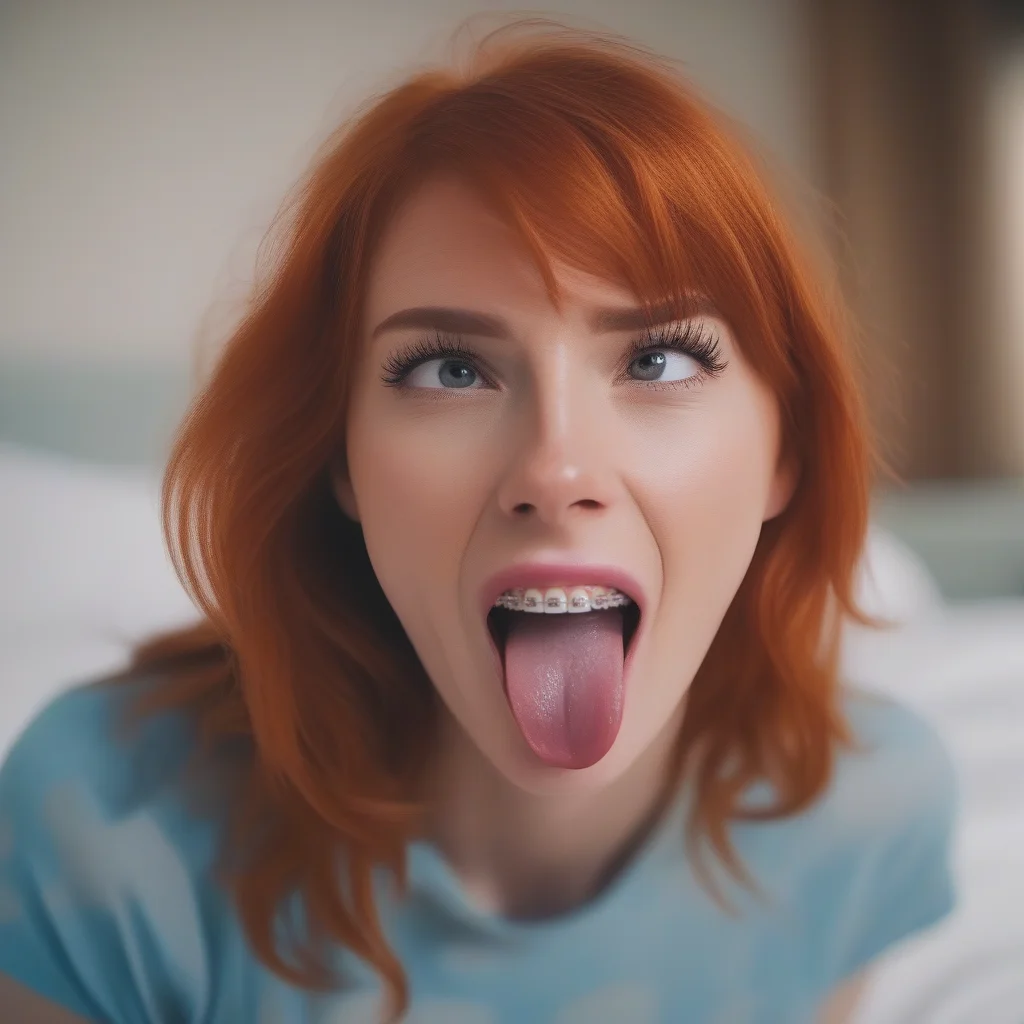 extreme closeup,a redhead woman portrait, frontal, looking at camera, tongue out, showing teeth, braces, luisap, <lora:lora5:1>
