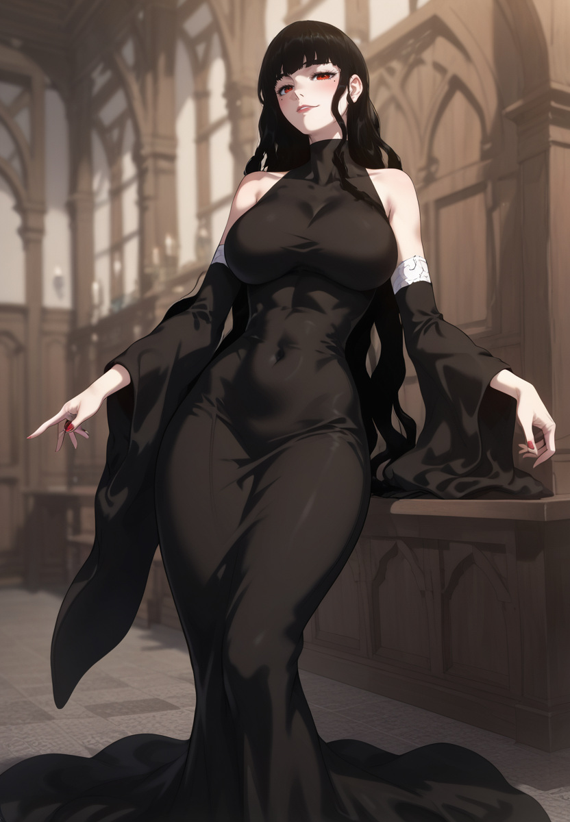zPDXL3, score_9_up, score_8_up, score_7_up, (Anime_source),Masterpiece,(perfect female body:1.2), small waist,(incredibly detailed:1.4), slim, beautiful fingers, beautiful white skin, Beautiful clear skin, perky breasts, looking at viewer, ass, perfect ass, (large breasts:1.3) (huge breasts:1.1)  <lora:Alisha_-_The_Priest_of_Corruption_Kaleid_PONY:0.8> alisha, 1girl, black hair, long hair, red eyes, bangs, mole under eye, thick thighs, black dress, long dress, covered navel,